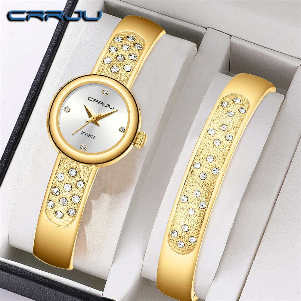 CRRJU Gold Elegance Quartz Women's Watch with Diamond-Embellished Dial & Matching Bracelet 2 Piece Set