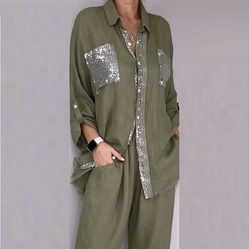 Elegant Single Breasted Pearl Shirt+Pants Two Piece Casual Solid Loose Outdoor Sports Suit Comfortable Lapel Long Sleeved Outfit
