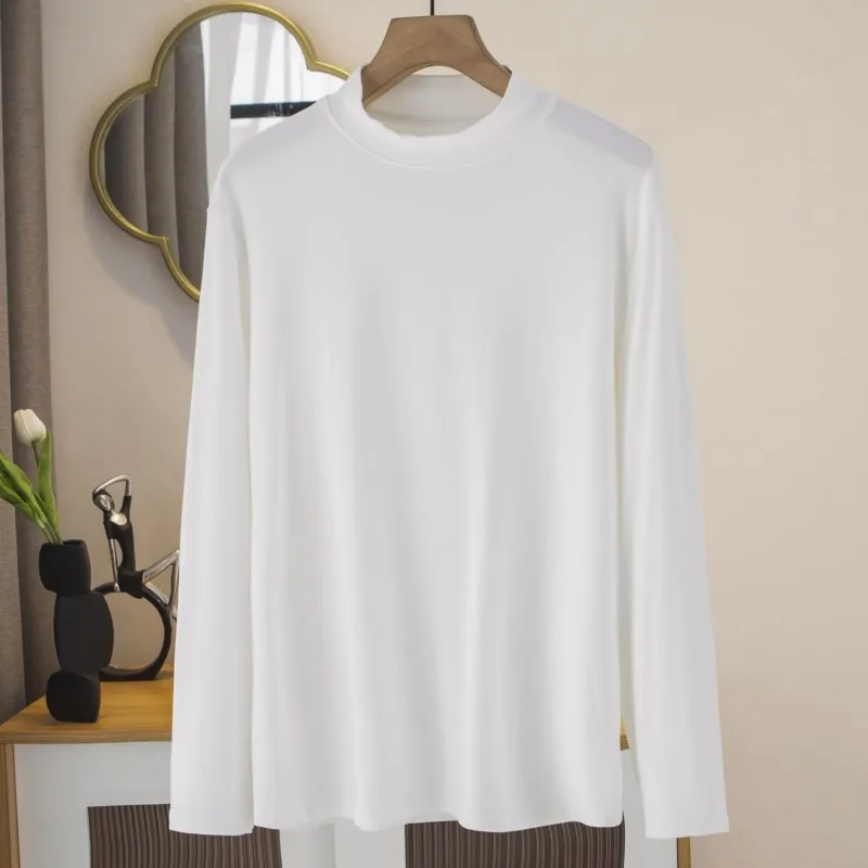 2023 Autumn Clothes Women T-Shirt Plus Size Stylish Inside 32 Combed Cotton Tee Casual Solid Color Half Turtleneck Top Curve