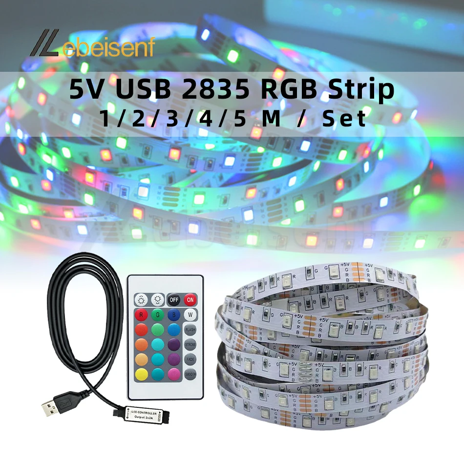 Full Set 5V USB RGB Strip Lights + Controller IR 24-Key Wireless Remote Control 1/2/3/4/5 M 60LEDs/M 2835 SMD LED Flexible Tape