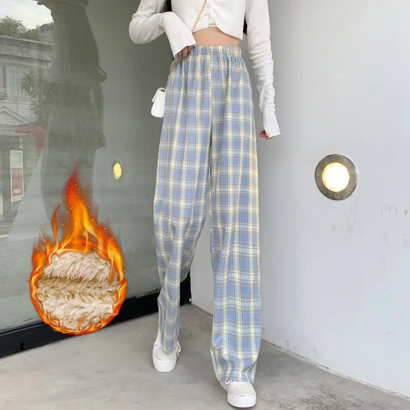 2024 new high waist loose plaid pajama trousers Women\'s spring, autumn and winter leisure thin straight wide leg pajama trouser