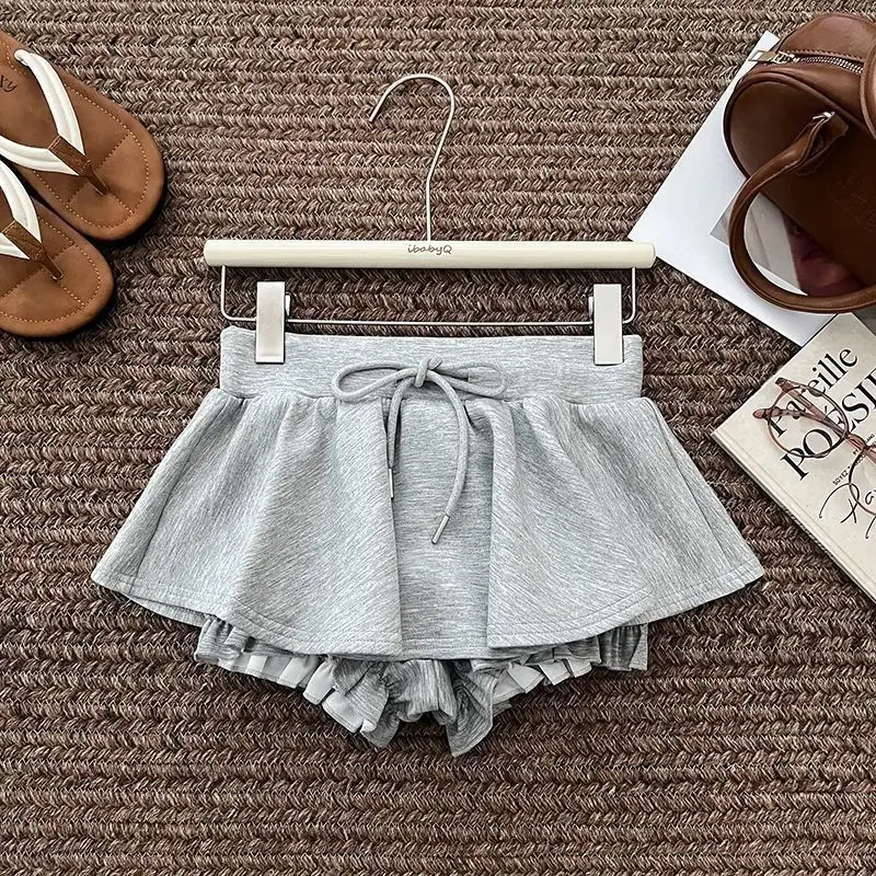 

Grey drawstring ruffle skirt for women, 2025 new style ballet-style tutu skirt, anti-exposure skirt and pants
