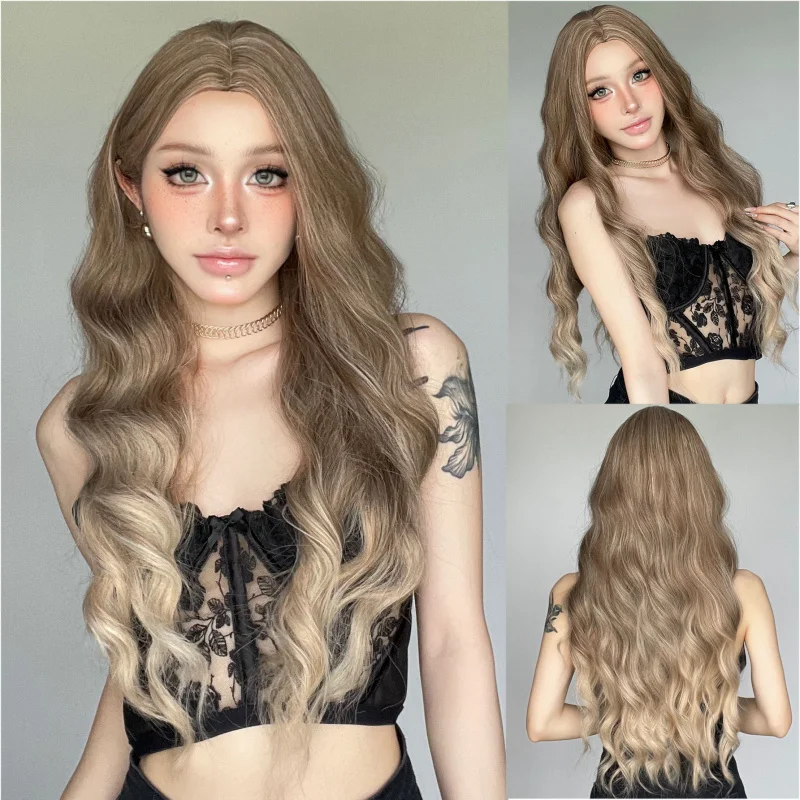 European and American style long wavy brown for women with middle parting, rose net wig