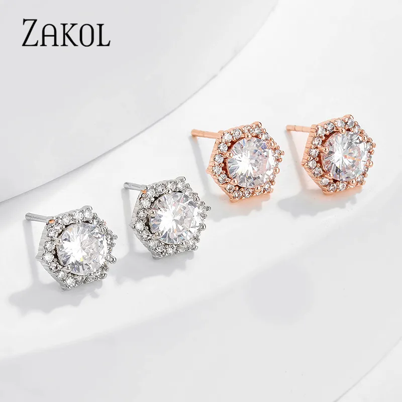 ZAKOL Classic Round AAA Cubic Zirconia Stud Earrings for Women Fashion Geometric Crystal Party Jewelry Brincos EP2421