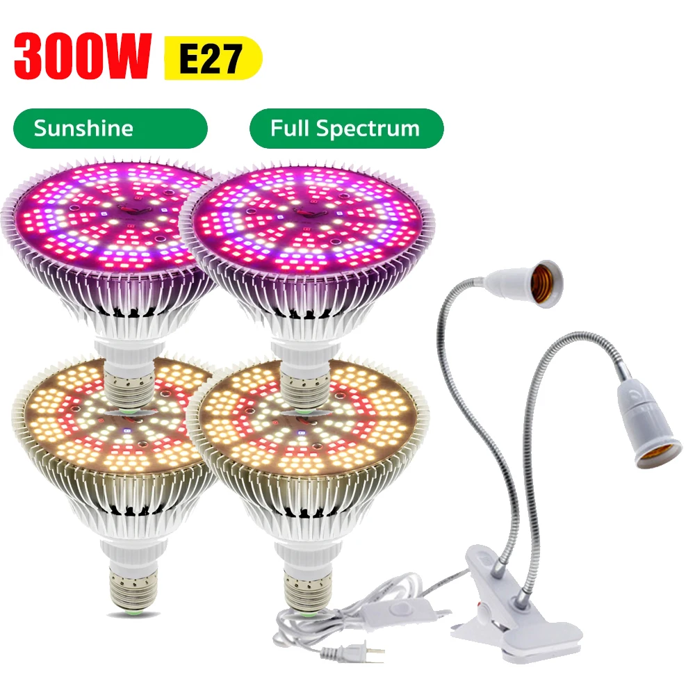 85-265V 300W E27 LED Grow Light Bulb Full Spectrum Sunshine Plant Light with 4mWire/tripod Phytolamp for Plants Tent