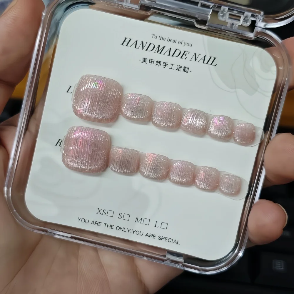 

Nude CatEye Color Press on Toenails Solid Shiny Cover Fake Toes Nail Short Square False Nail Tips for Summer Handmade Feet Decor