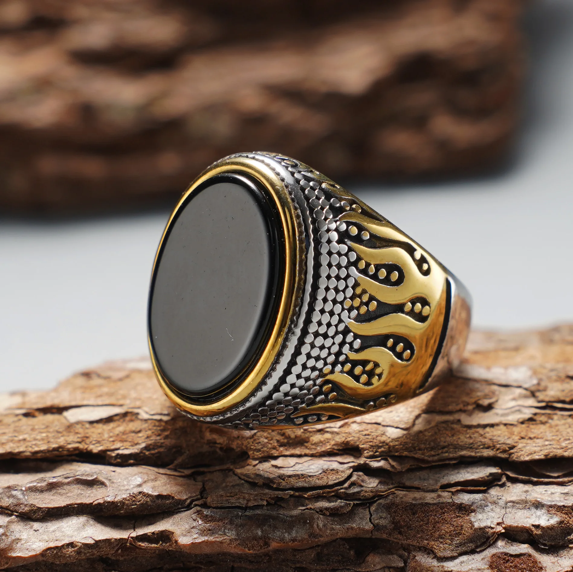 Herren Vintage 316L Edelstahl Zweifarbiger Ring, Eingelegt mit Tigerauge, Temp-Stein, Rotem Achat und Schwarzem Achat, für Tägliches Tragen und als Geschenk – Detail 6