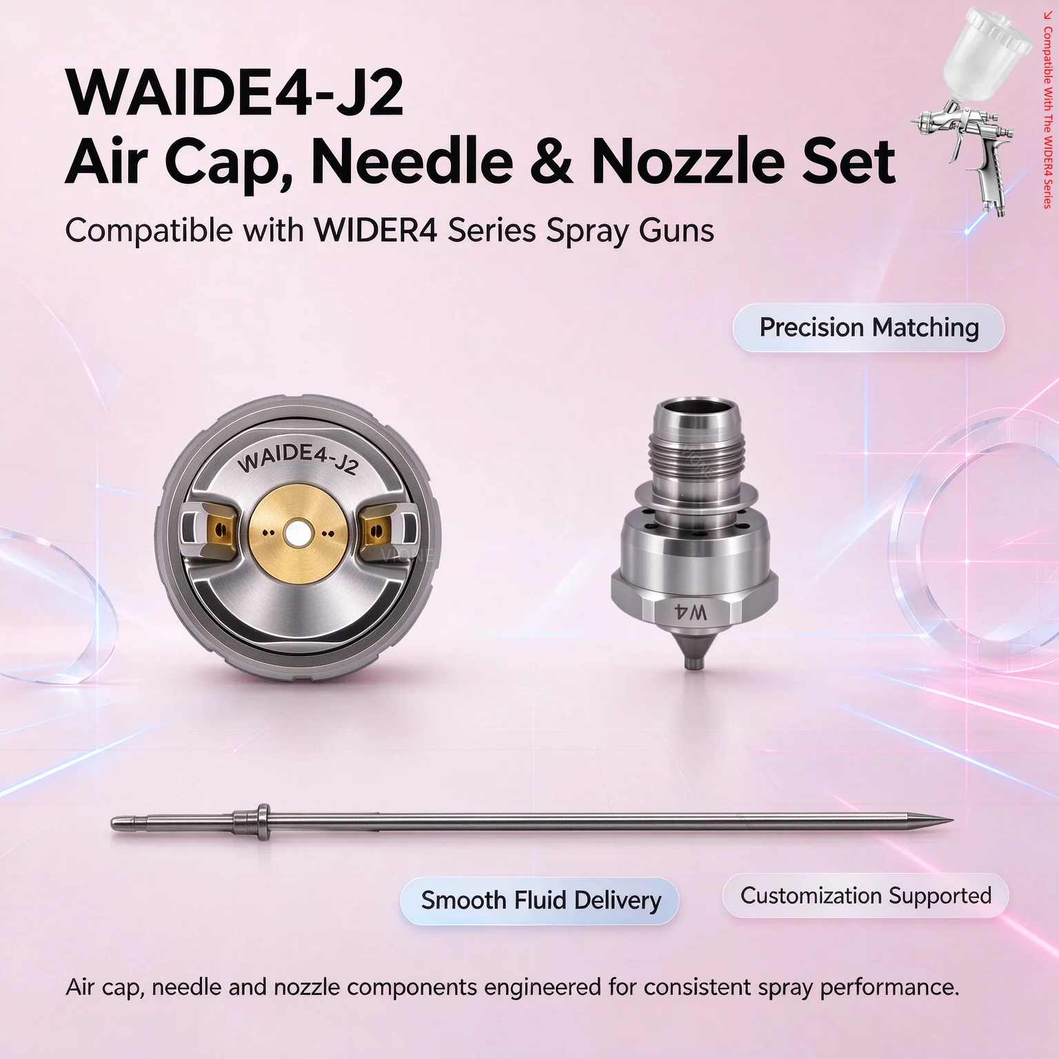 Japan Industrial Spraying WAIDE4-J2 Air Cap, Needle & Nozzle Set Perfect Fit Compatible with the WIDER4 Series Easy Replacement