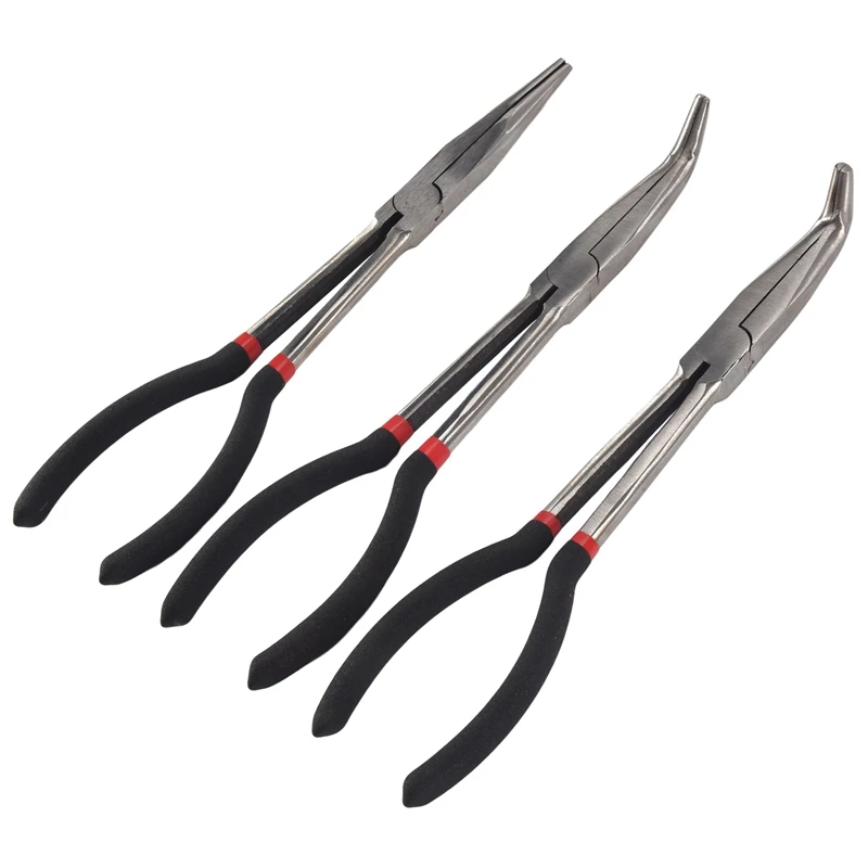 3X 11 Inch EXTRA LONG NOSE PLIERS SET STRAIGHT & BENT TIP MECHANIC GRIP HAND TOOL