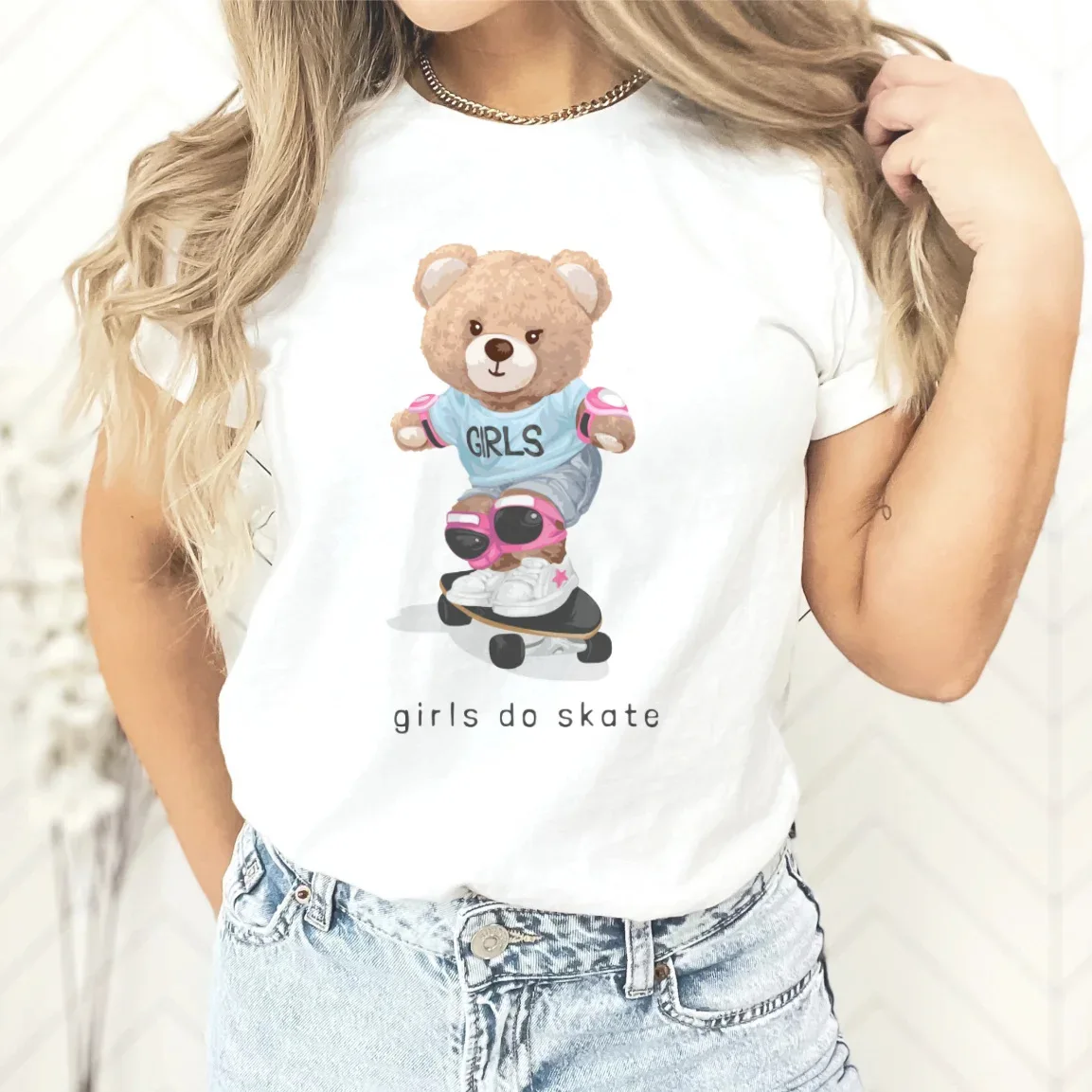 

Summer Fashion Teddy Bear Print T-shirt Short Sleeve Crew Neck Casual Top Summer Women's Wear Graphic Tshirts Graphic T Shirts