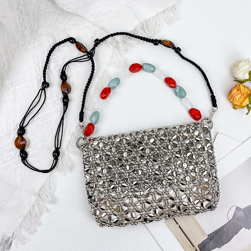 2025 new retro silver hand woven bead acrylic small square bag with long shoulder strap, mobile phone crossbody bag view 2