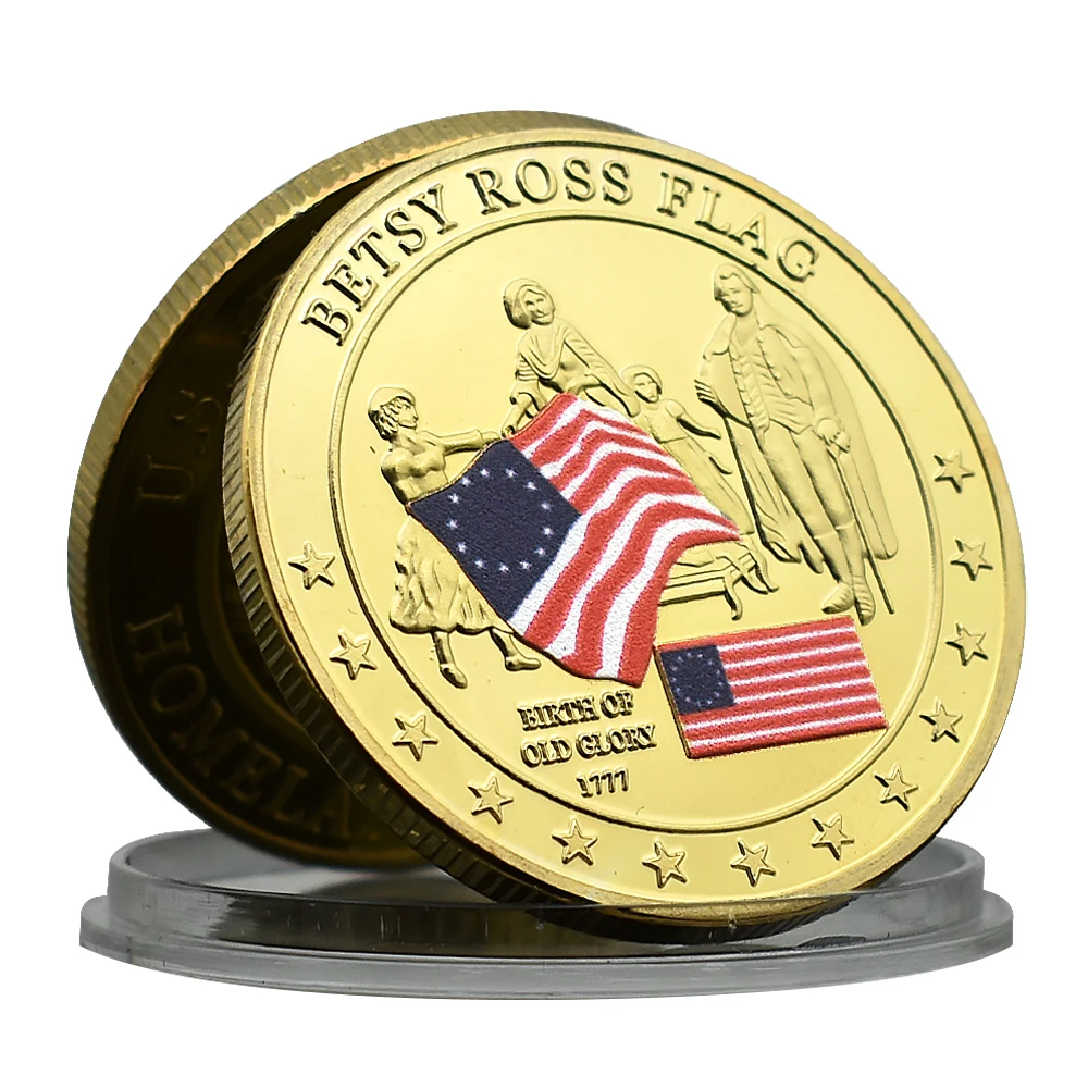 United States Betsy Ross Flag Challenge Coin History of Old Glory Commemorative Coin with Plastic Case Gift Collection