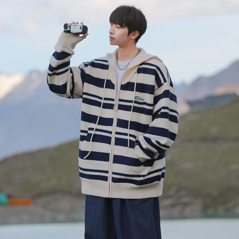 M-XXXL sweater bertudung leher V pria, pakaian jumper ritsleting lengan panjang dengan bergaris kasual ukuran besar