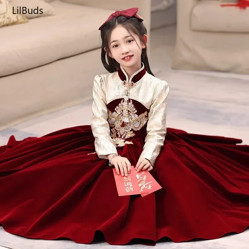 2024 Kids Red Princess Dress Costume Flower Girl Wedding Piano Performance Children Elegant Clothes Autumn And Winter Outfits