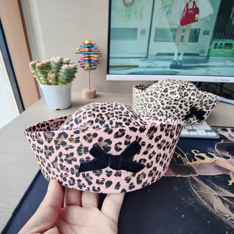 2024 Niche Personalized Bow Leopard Print Sailor Hat Women\'s Spring and Autumn Thin Flipped Brim Foldable Street Trend Beret