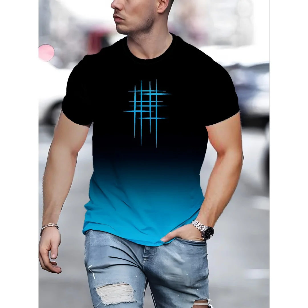 Summer Men's Minimalist T-Shirt Casual Loose Size Graphic Line Print Round Neck Short Sleeve Comfortable T-Shirt Tops Streetwear