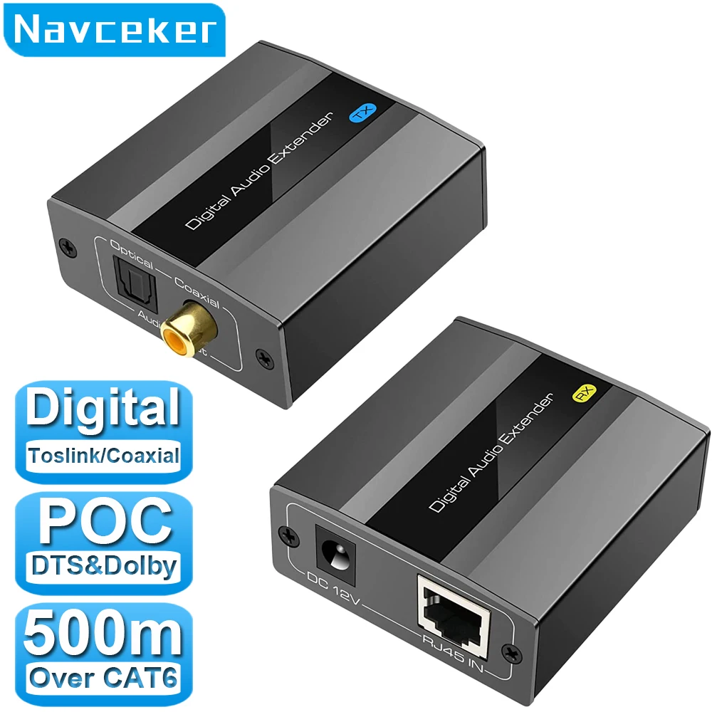 

Navceker Digital Audio Extender Optical Toslink SPDIF Coaxial Over Ethernet Single Cat5e Cat6 Cable DSD DTS Extender for Laptop