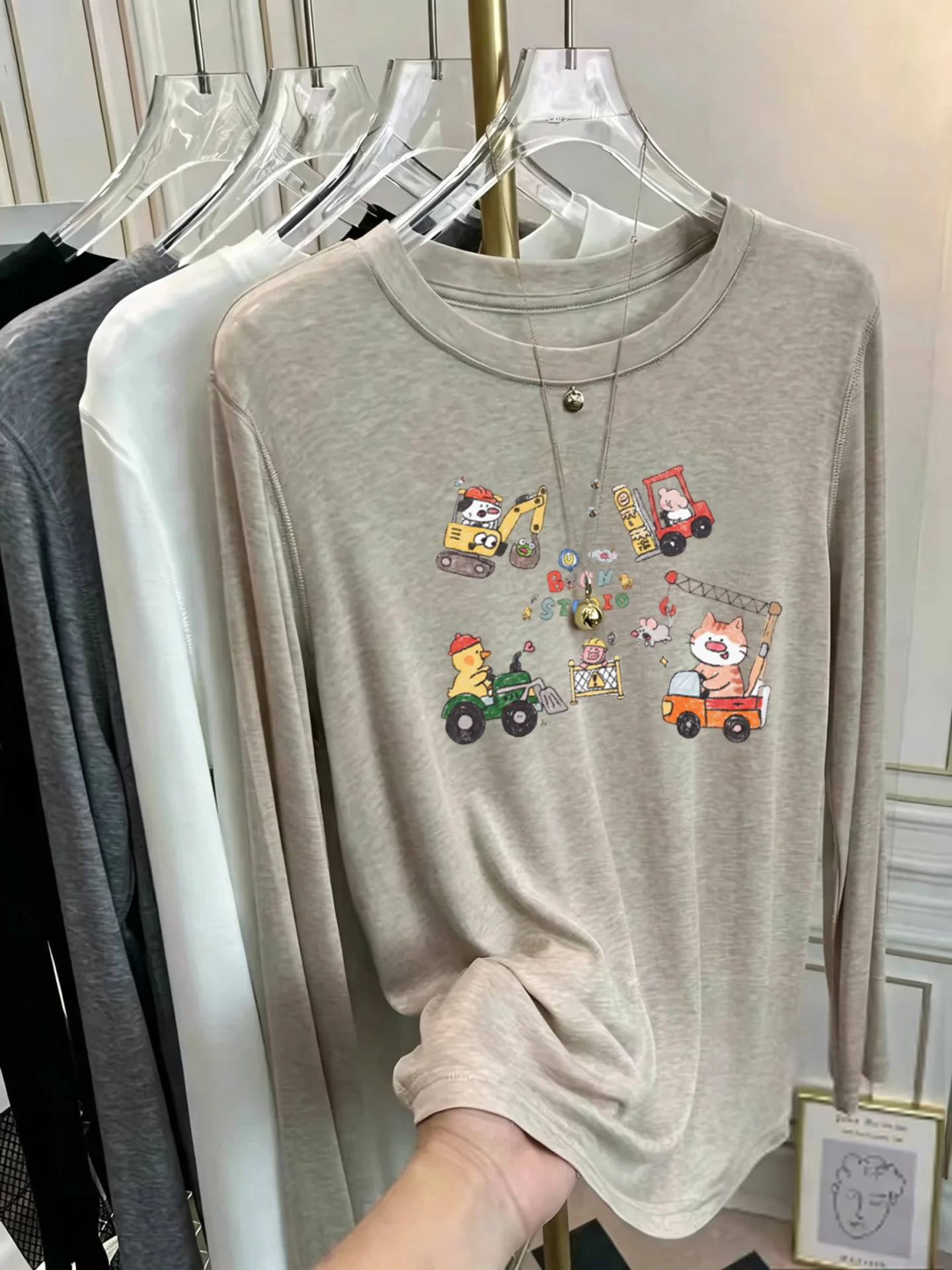 Korean Style Women's Long Sleeve T-Shirt Soft Sunscreen Print Thin Mask Base Shirt Early Autumn Fashionable Cotton Tee