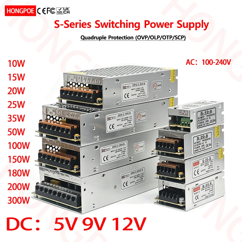 SMPS 10W 15W 20W 25W 35W 50W 100W 150W 180W 200W 300W DC 5V 9V 12V 100-240V AC Power Transformers for LED CCTV Motor Battery