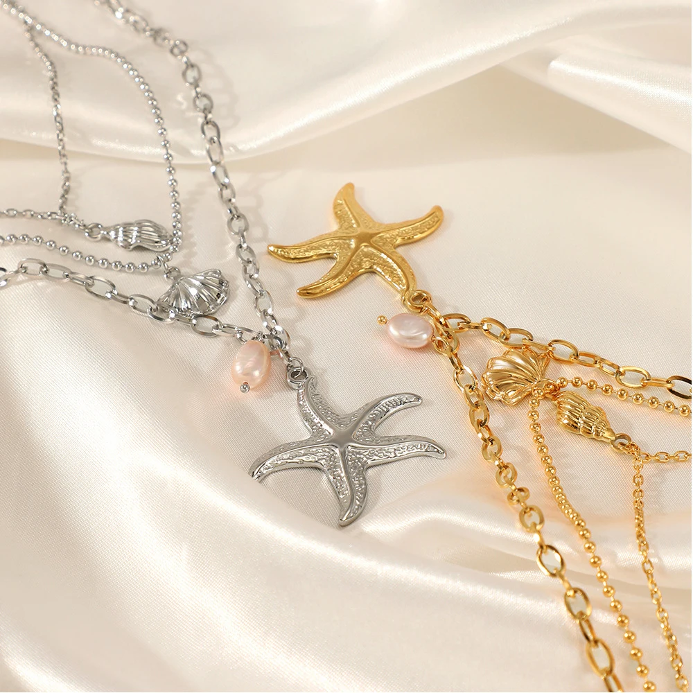 

Summer New Fashion Pendant Necklace Three-Layer Starfish Shell Conch Charms Clavicle Chain Women Birthday Holiday Party Jewelry