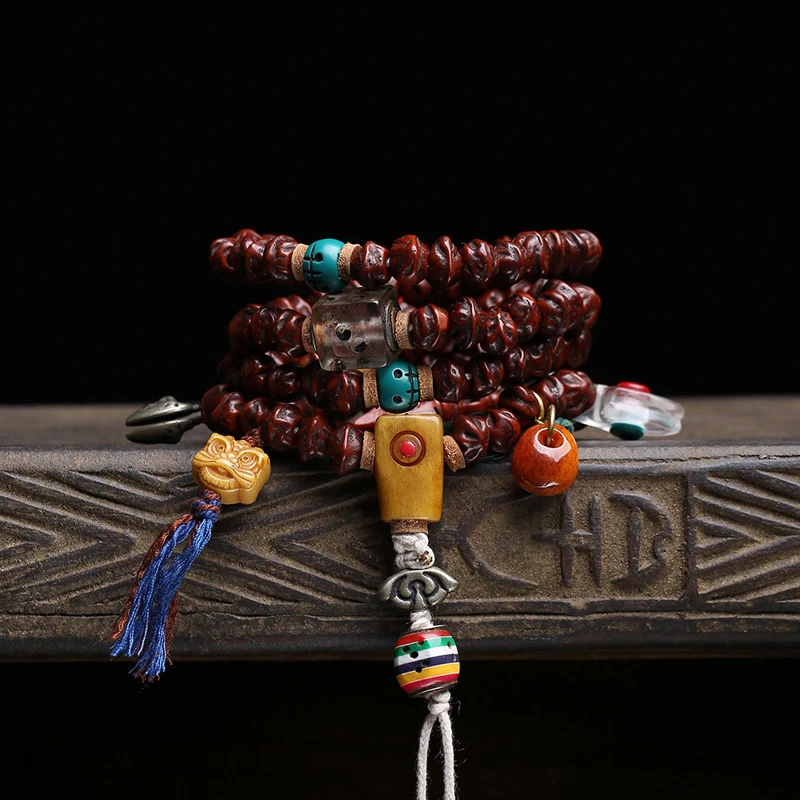 Tibetan-style Bodhi seed 108- Buddhist necklace with bone three-way vajra and dzi bead accessories