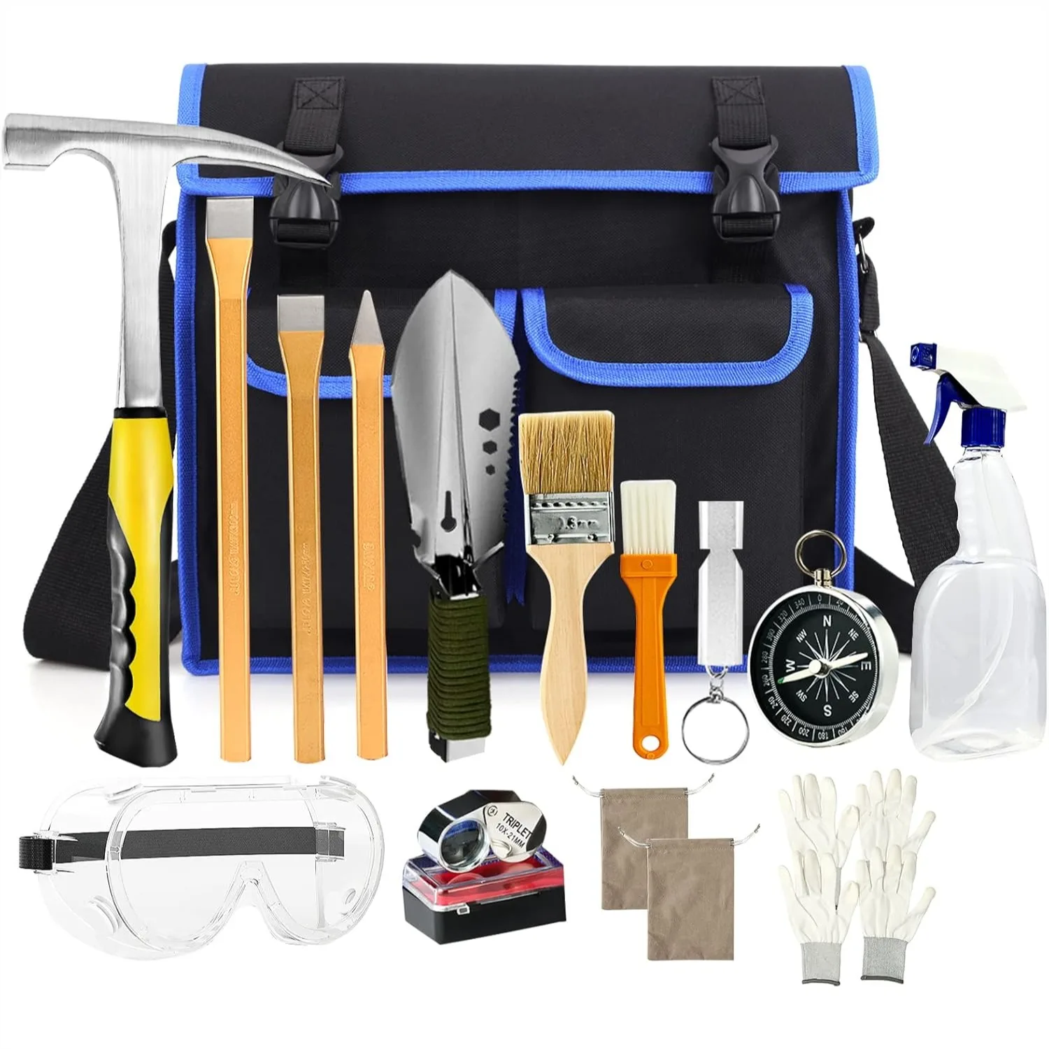 

17PCS Geology Rock Pick Hammer Kit, 32oz Hammer & 3 Digging Chisels for Rock Hounding, Gold Mining, Prospecting with Shovel