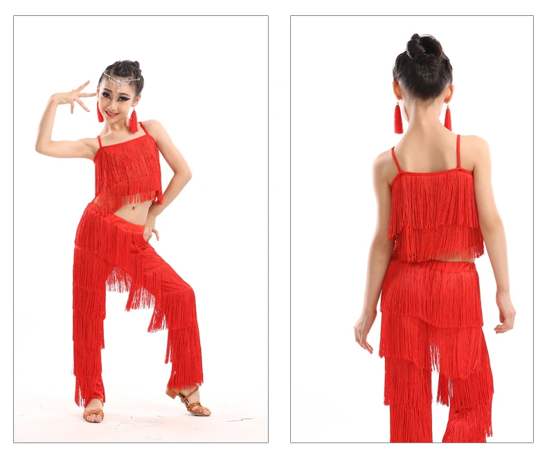 Lateinamerikanische Tanzkleider, Ballkleider mit Fransen, Kleid mit Fransen und Hose, Paillettenkleid mit Fransen, Salsa- und Samba-Kostüm, Kinder- und Jugendkostüm, Cosplay-Kostüm für Mädchen. – Detail 9