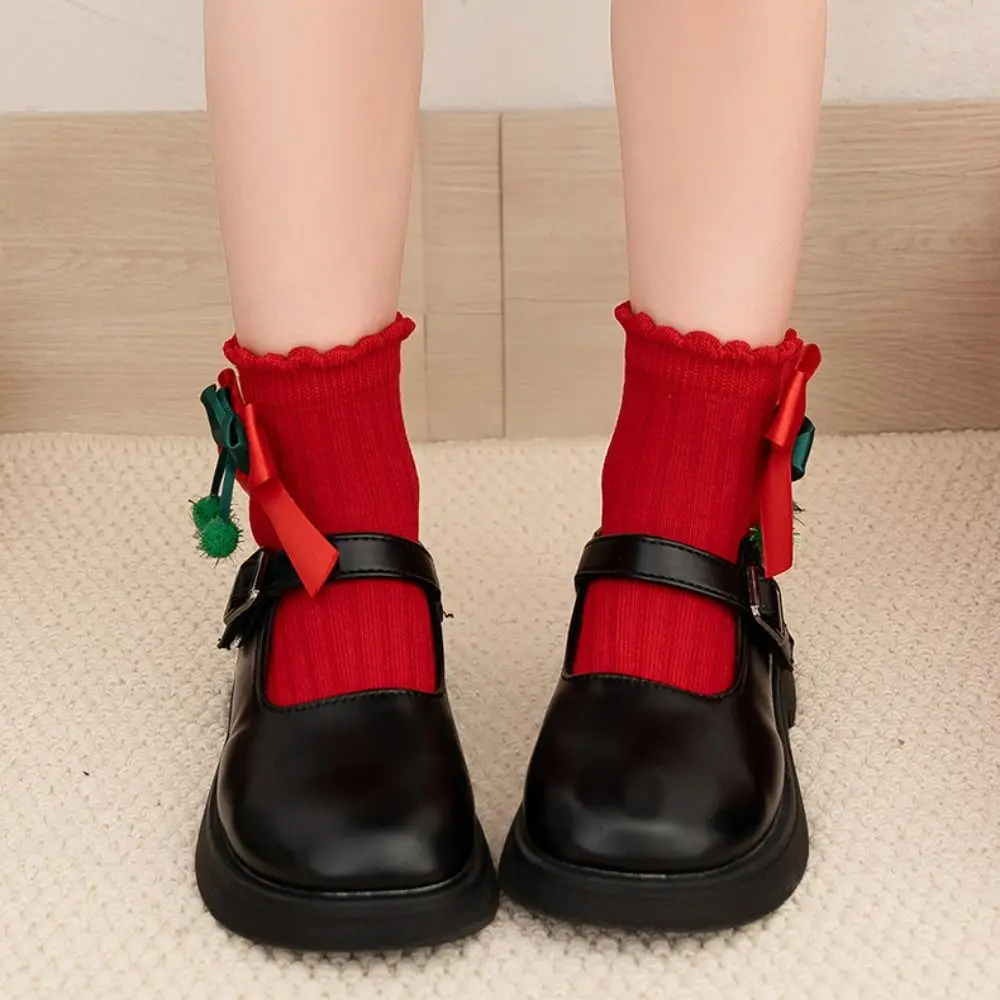 Cute Red Green Children Christmas Socks Antlers Bowknot Mid Tube Socks Stripe Hosiery Cartoon Socking Christmas