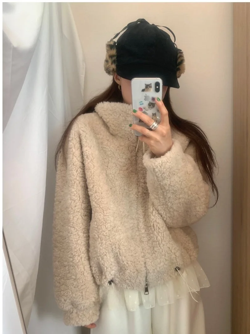 Elegancki płaszcz zimowy damski z futra jagnięcego, luźny, zapinany na zamek, ze stójką, uniwersalny, wysokiej jakości odzież wierzchnia, ocieplany wełną...