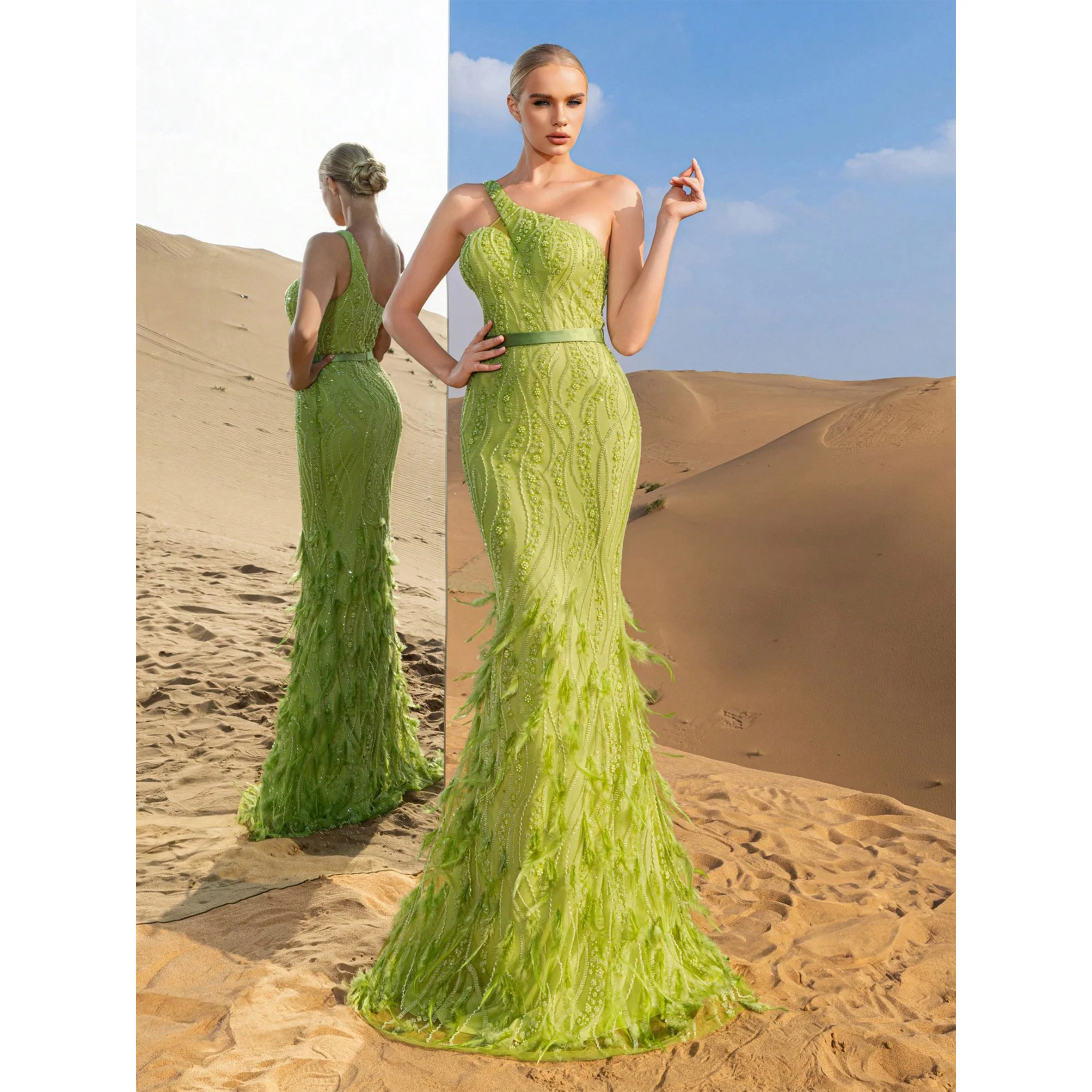 

Элегантное платье-русалка на одно плечо со складными украшениями и подолом, похожением из перьев — идеально подходит для красного ковра, свадеб, галаса