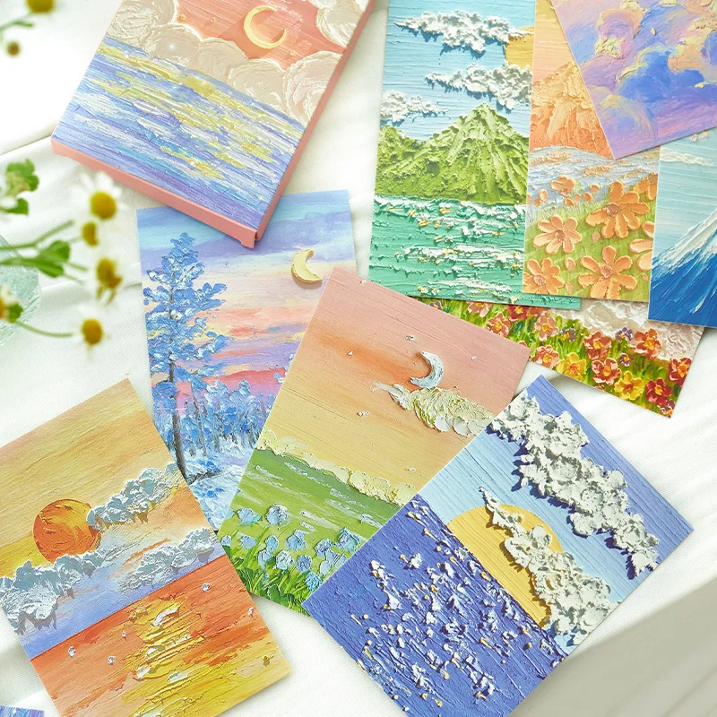 30 قطعة/الحقيبة Kawaii أربعة مواسم قصة سلسلة ثلاثية الأبعاد الوهم البصري النفط اللوحة الفنية نمط هدية رسالة مجموعة من البطاقات بطاقات هدية