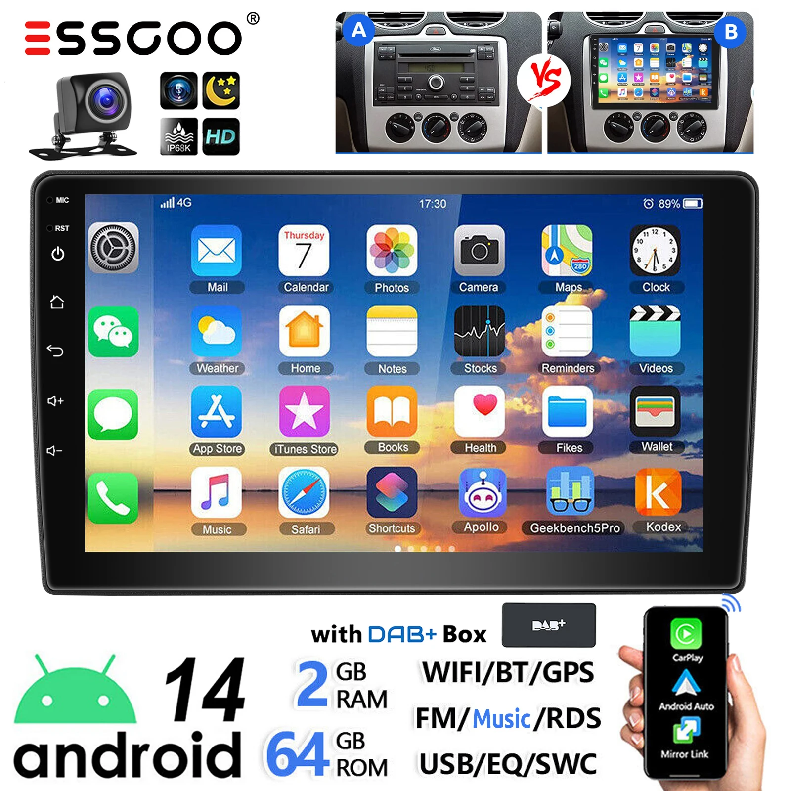 ESSGOO 9" Android 14 voor Ford Transit Connect MK7 Focus Galaxy Fiesta C S Max Kuga Auto Stereo Wireless CarPlay Android Auto GPS Navi Wifi RDS USB EQ SWC Bluetooth Touchscreen 2 DIN
