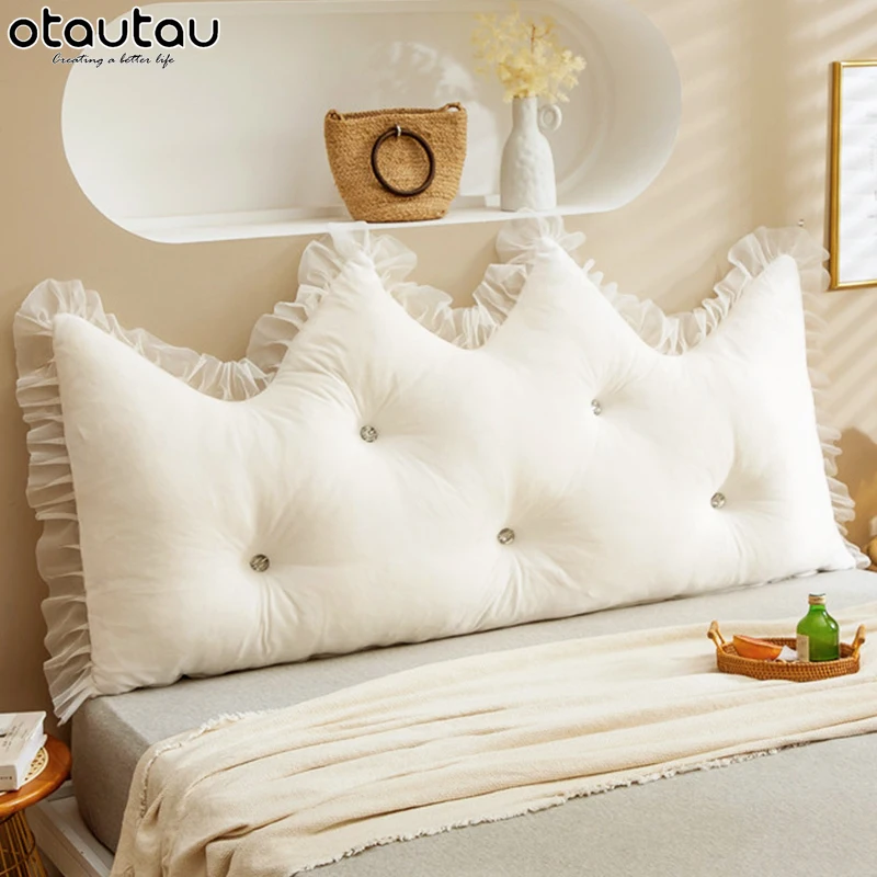 OTAUTAU King Queen White Decor Lace Crown Pillow with Filler Princess Wedding Bed Headboard Soft Velvet Back Cushion ZT11SJC1C