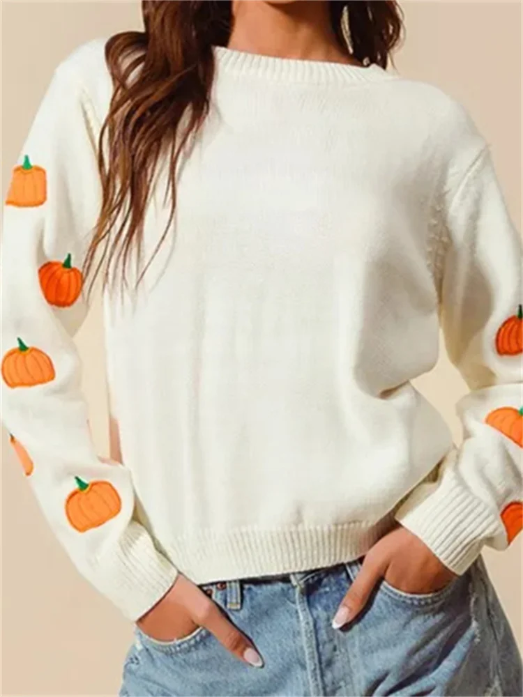 

CHRONSTYLE Halloween Sweaters Tops for Women Autumn Pumpkin Embroidered Long Sleeve Knitted Loose Casual Pullovers 2025 Jumpers