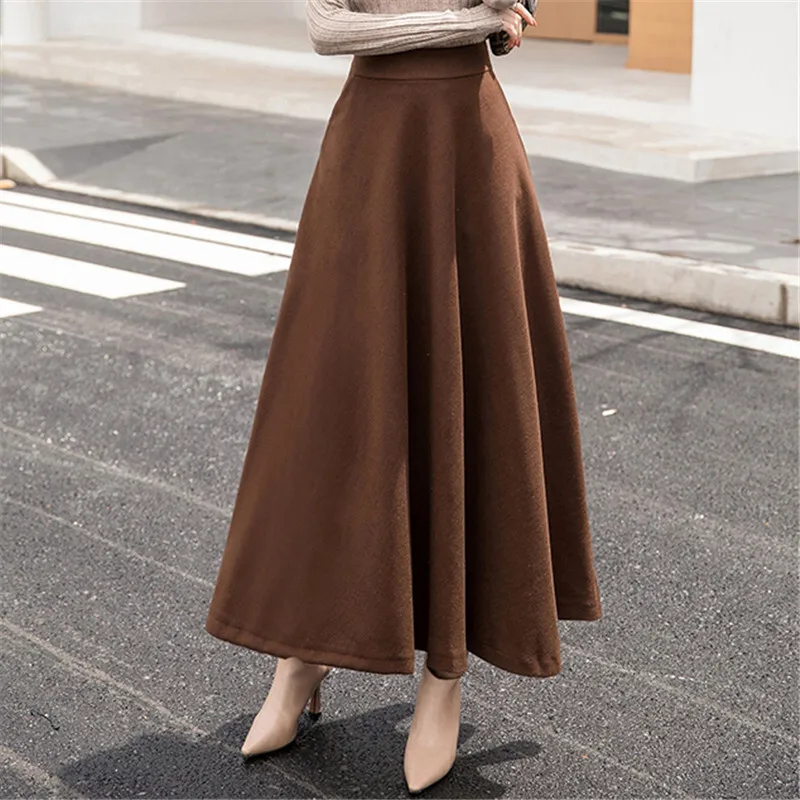 

Women's Autumn Winter New High Waist Solid Color Woolen Skirt Commuting Versatile Flared A-line Long Skirt Vestido Women Elegant