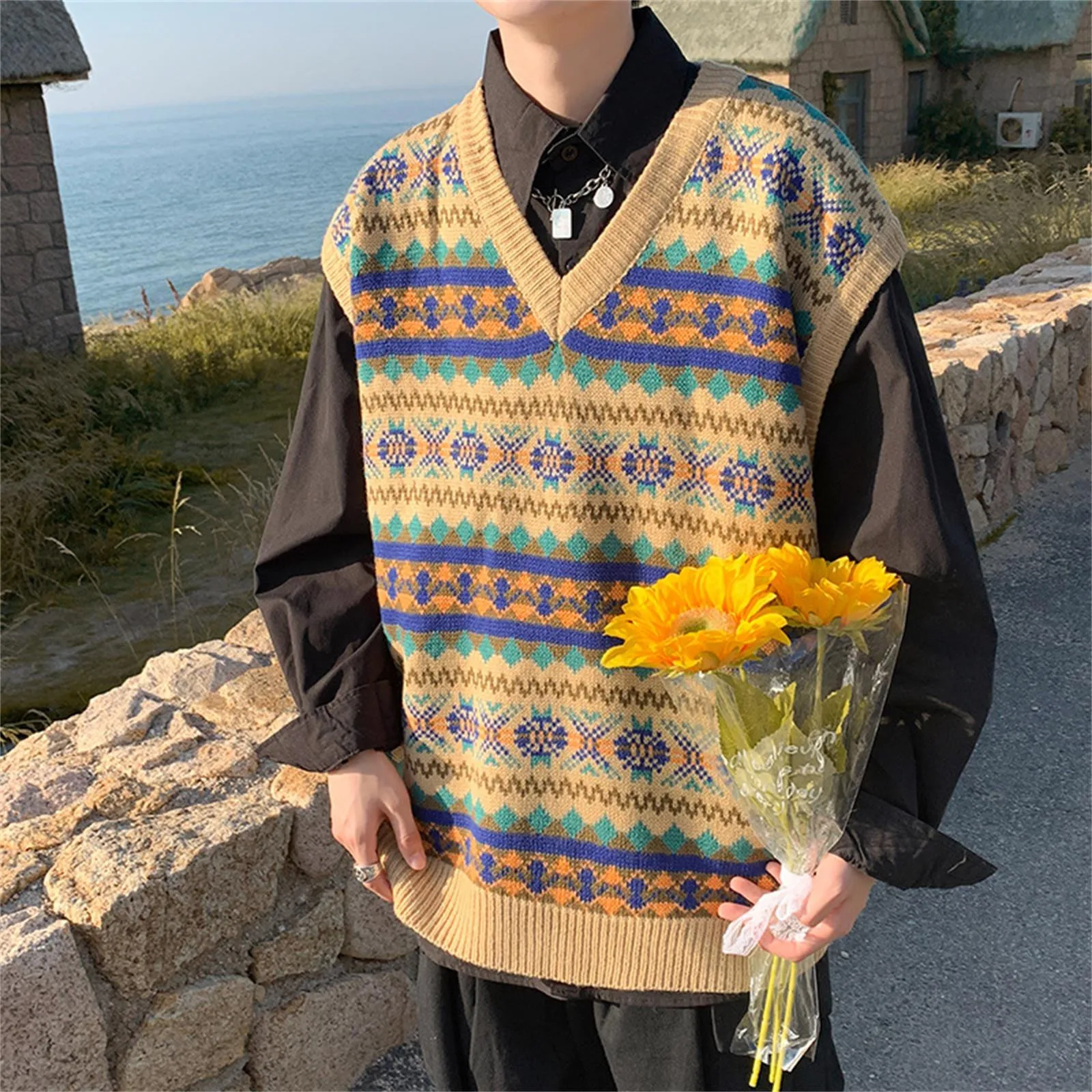 

Spring and Autumn Retro Lazy Wind Niche Knitted Waistcoat Autumn and Winter Men and Women Japanese Sleeveless Jumper Vests