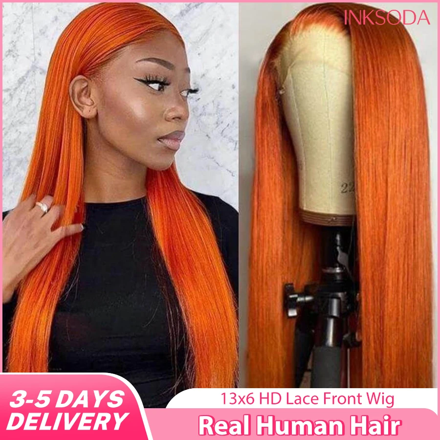 

Парик из натуральных волос, 220% плотности, 36 дюймов, имбирно-оранжевый, прямой, с прозрачным HD кружевным фронтом 13x6. # 350 цветных париков
