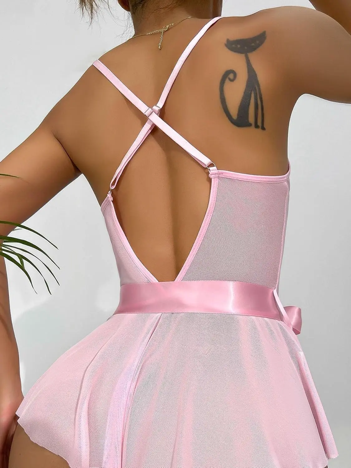 Sexy Waist Belt Floral Lace Mesh Pajamas Bodysuit, Shapewear With Bow Stitching Lace, Open-Back See-Through Sexy Lingerie Bodysuit Available image 2