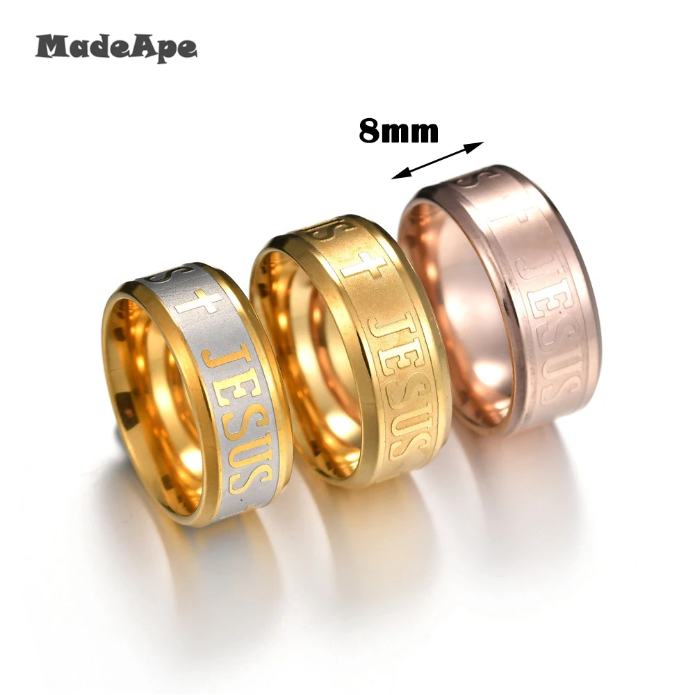 MadApe Classic Jewelry 8mm Stainless Steel Letter Bible Rings Black Silver Color Rose Gold Band Jesus Cross Ring For Men Women