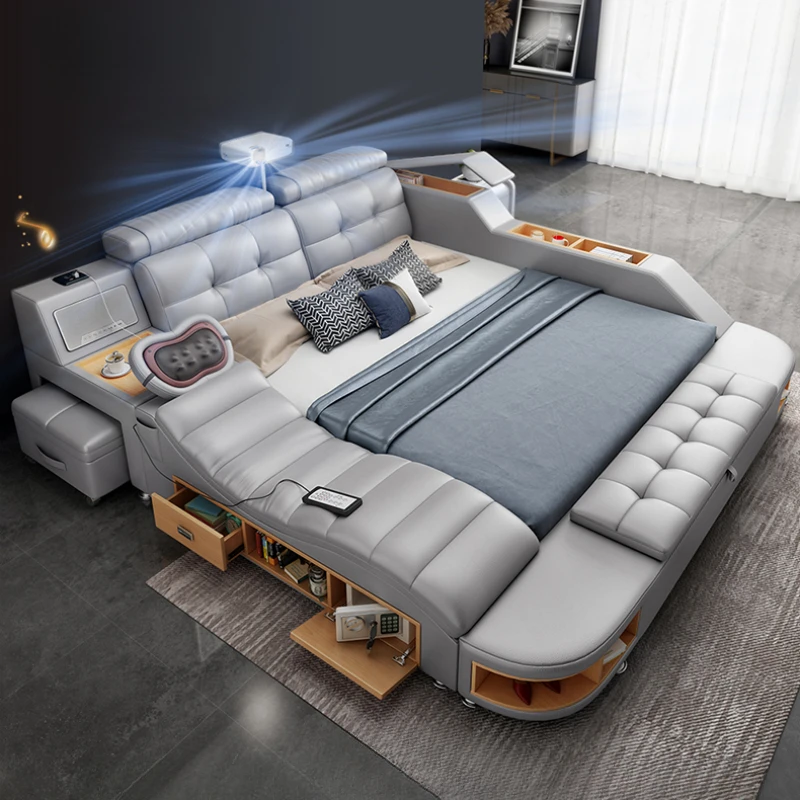 

Luxury Queen Size Bed With Smart Technology And Genuine Leather / Multifunctional Ultimate Beds / Massage Marriage Bed Cama