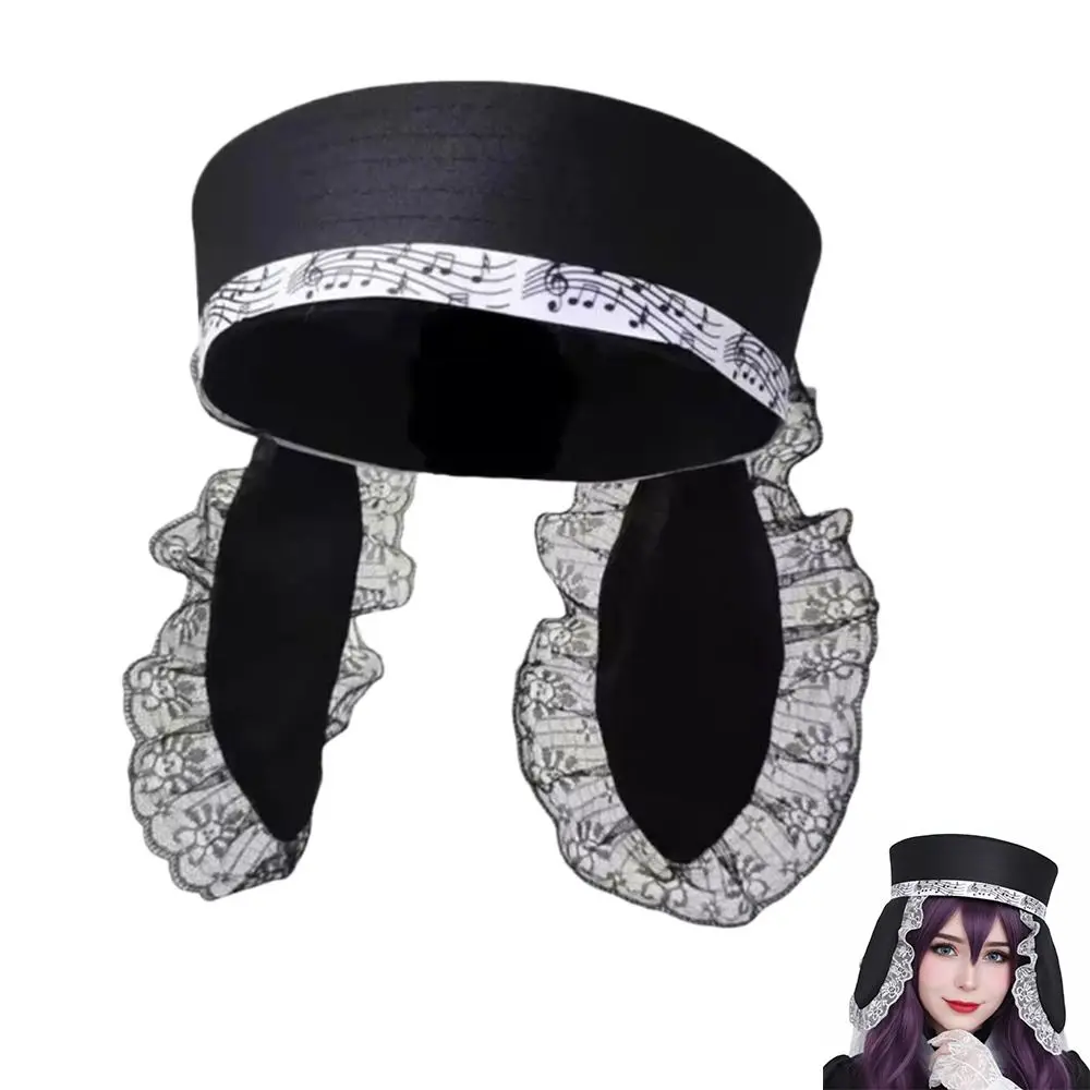 

Cute Lace Rabbit Ear Beret Musical Symbols Pattern Black Lolita Cap Handmade Sailors Hat Women Girls