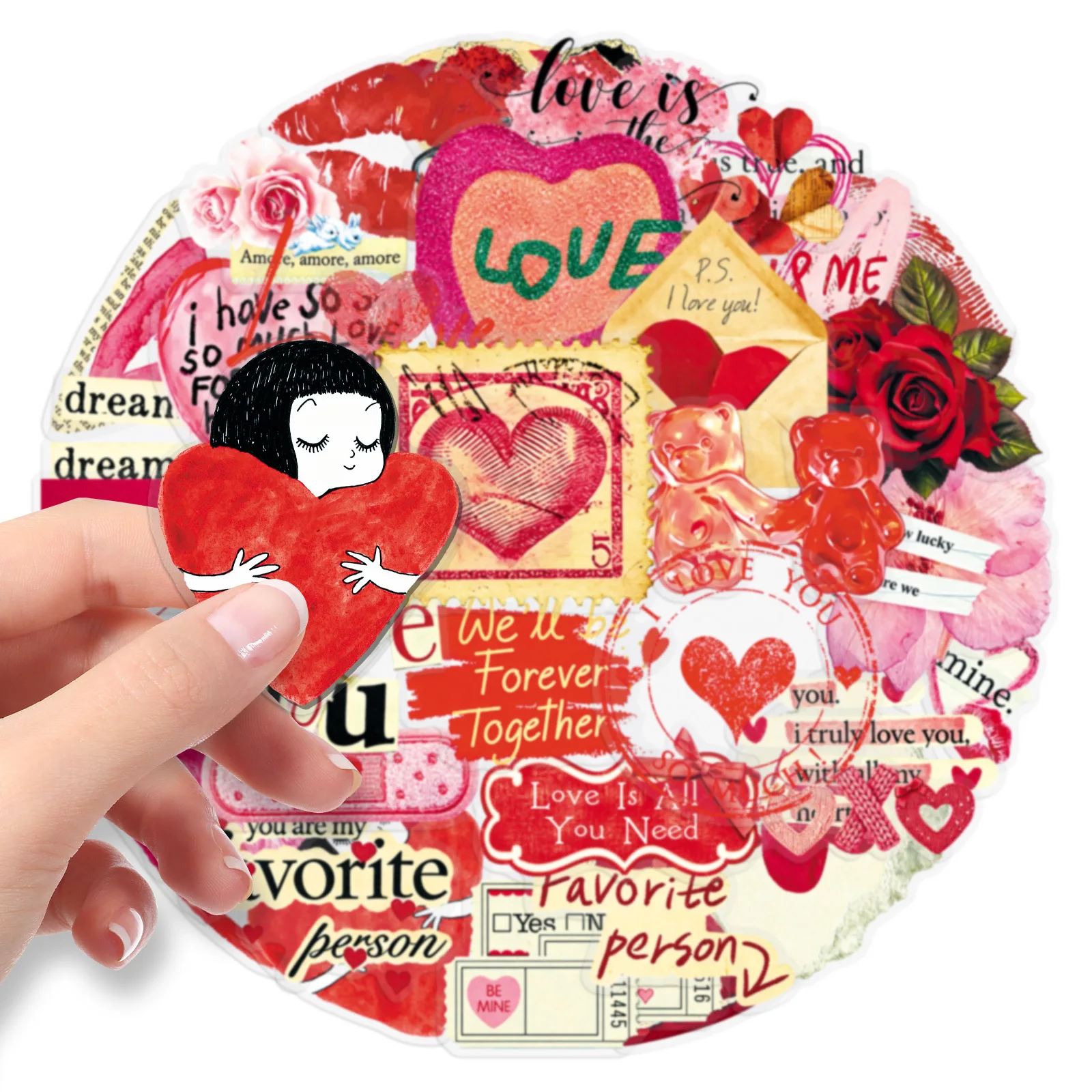 50 Pcs Love Romantic Heart PET Transparent Stickers Valentines Day Decorative Rose Journal Diy Water Cup Earphone Stickers