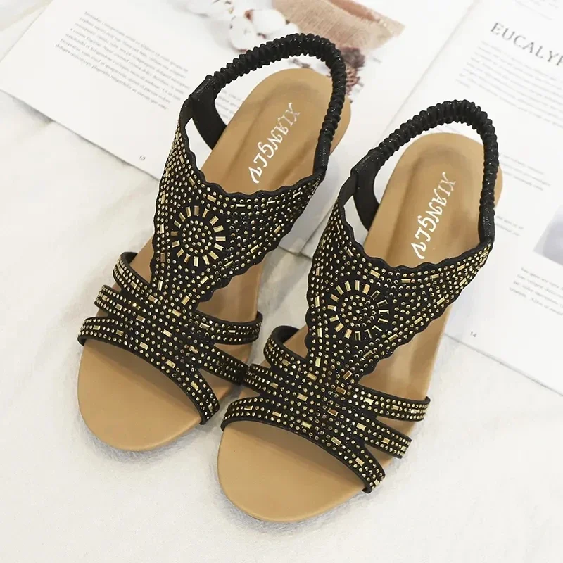 Skórzane sandały na koturnie Casual Rhinestones Design Women Sandals Summer Best Street Look Female Square Head Open Toe Shoes