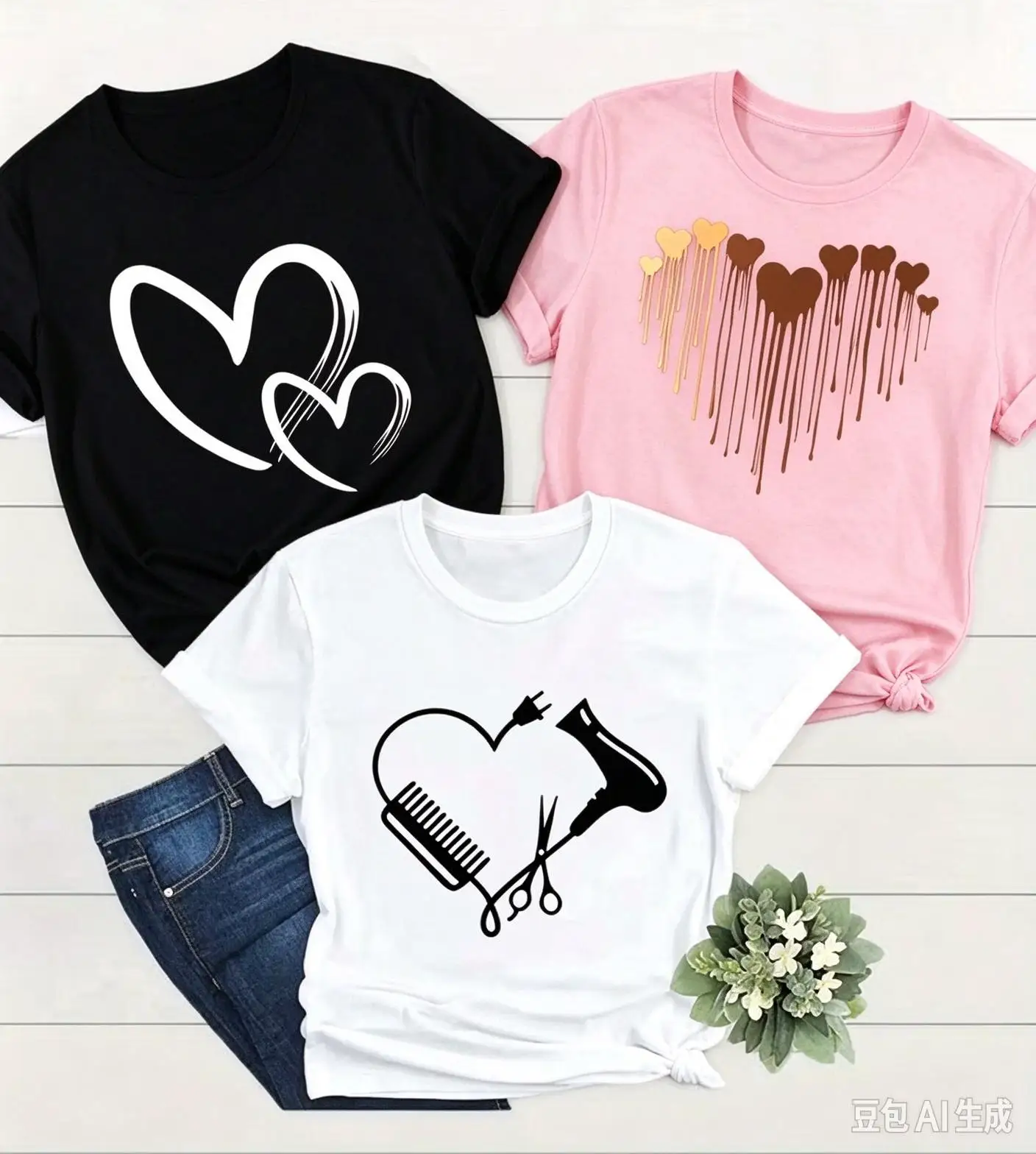 3Pcs Vintage Sweet Heart Element Graphic Printed Tee Shirt Female Summer Casual Tops Soft Cotton Feeling Loose Fit Basic Short Sleeve Tshirts Ladies Clothing Bundle