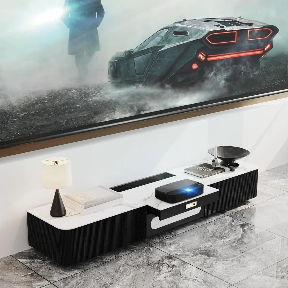 

Fully-Assembled Modern TV Stand for Projector, Sintered Stone Entertainment Center with Storage for TV, Wood TV Console