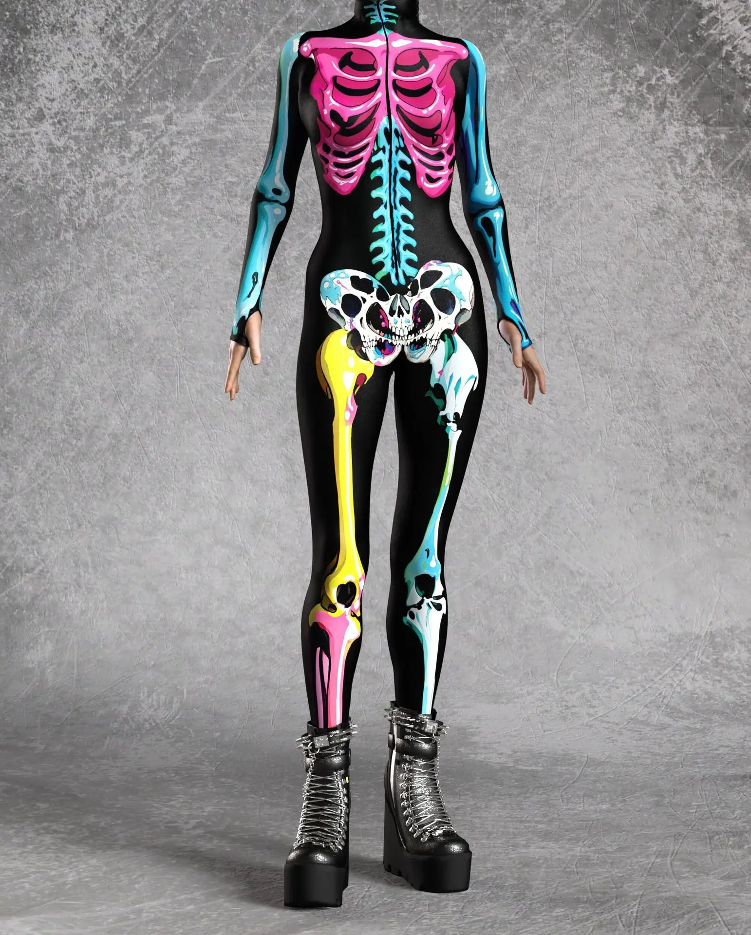 Halloween-Horror-Party Damen Sexy Mehrfarbiger Totenkopf-Print Jumpsuit Kleidung für Feiertagspartys, Maskenbälle und Bühnenauftritte – Detail 9