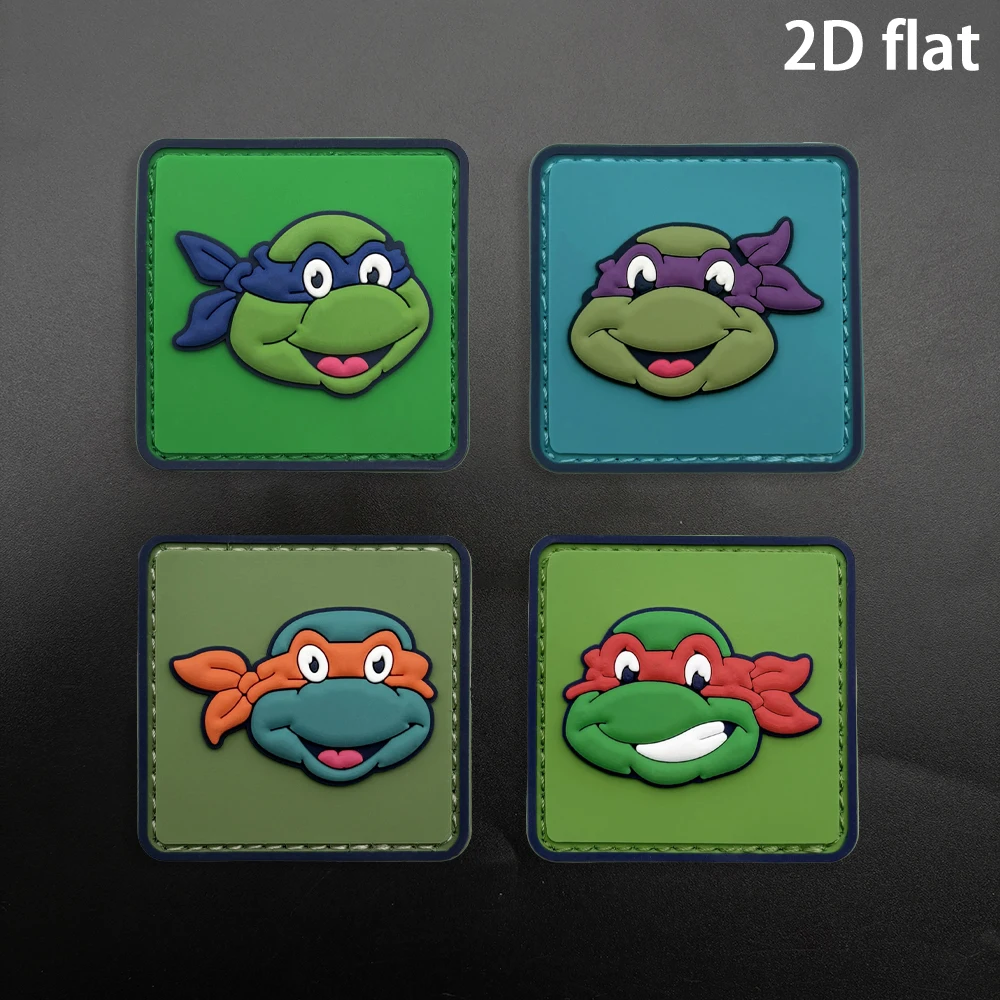 Cartoon four-color turtle head square 2D flat PVC material with built-in glow-in-the-dark effect, morale patch, 1 piece, comes with a free rough-sided layered three-dimensional embossed border, not easy to peel off, functional tactical jacket personalized decorative badge accessory