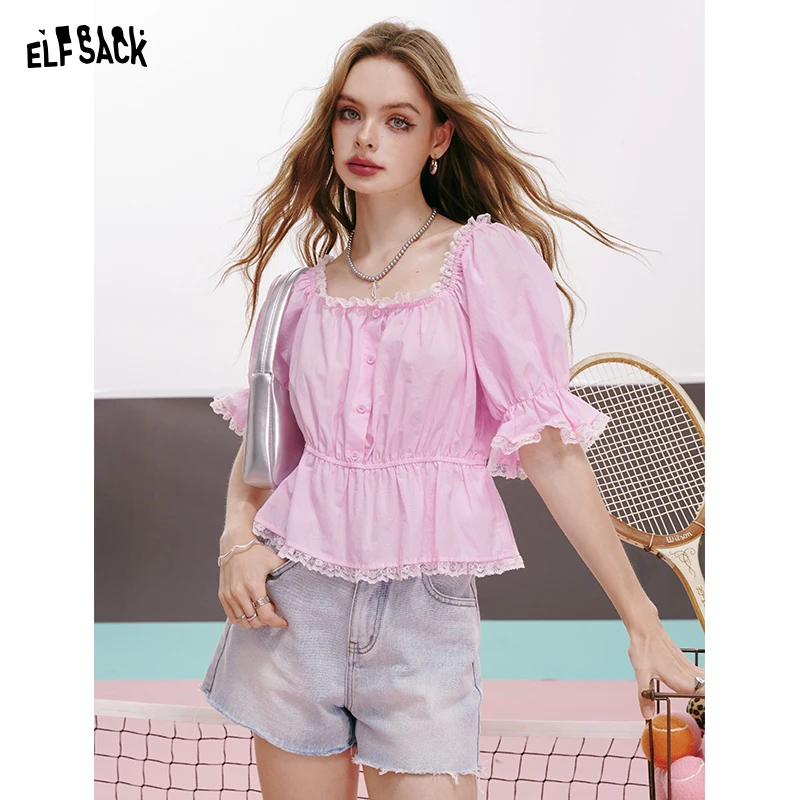 ELFSACK 2024 summer new arrival French lace free style stitching pink temperament fairy short-sleeved shirt for women