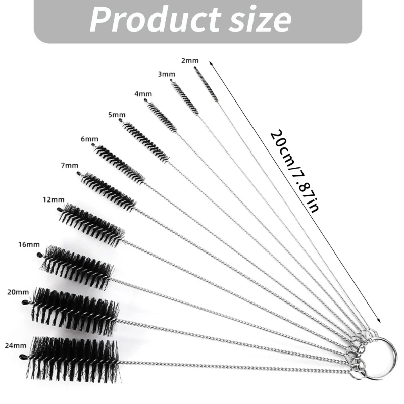Small Hole Cleaning Brush Set 10 Piece, Assorted Diameter Tube Brushes with 20 Wire Stems for Fittings, Crevices and Narrow