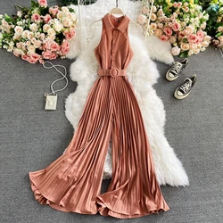 OL Office Lady Fashion Casual Sleeveless Pleated Wide Leg Pants Long Jumpsuit With Belt Off shoulder Shirt Collar Jumpsuit